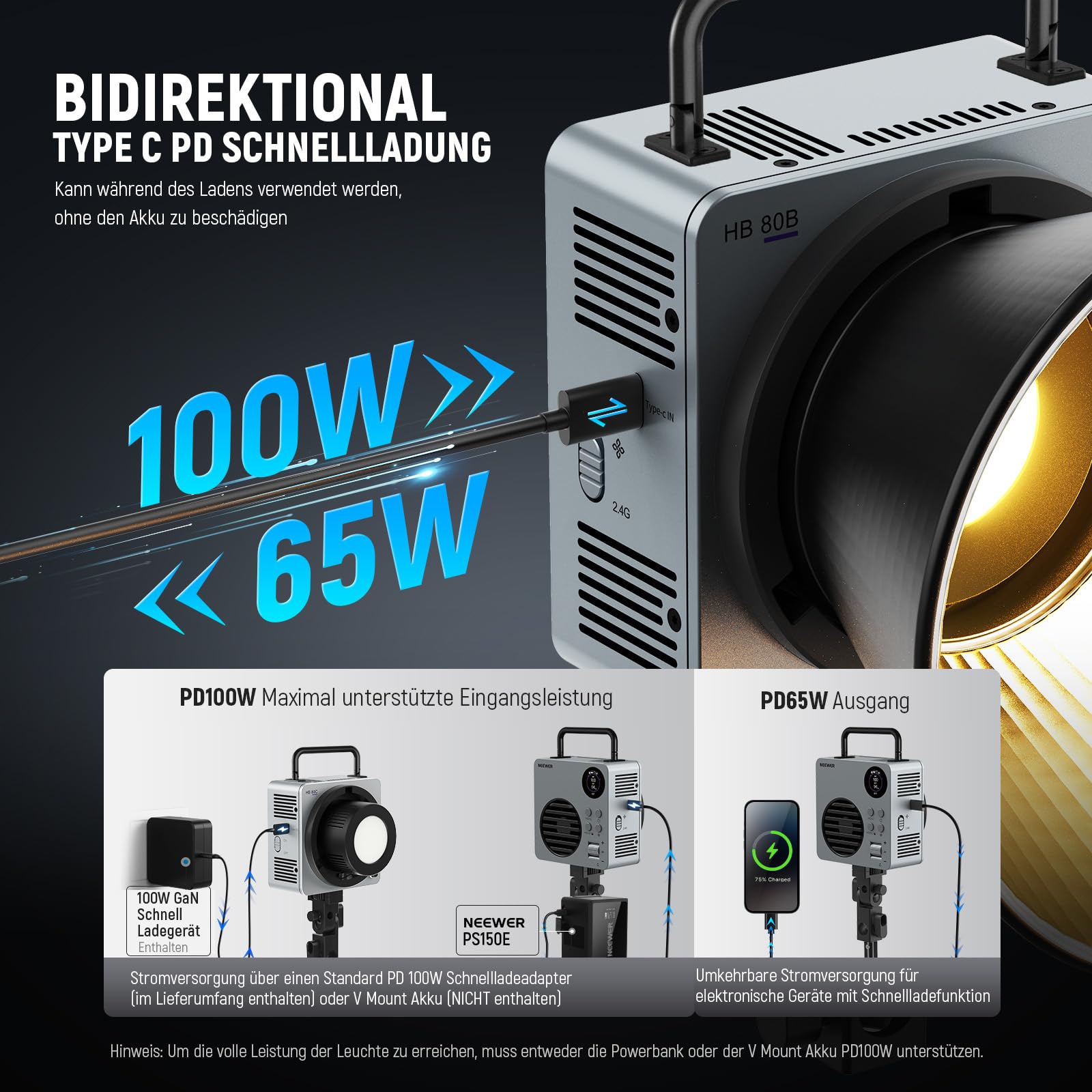 NEEWER 80W LED Videolicht mit 72Wh Akku und 100W PD Adapter APP/2.4G Steuerung Tragbares zweifarbiges Mini COB Studio Dauerlicht 25500lx/1m 2700-6500K 0-100% Dimmen CRI95+ 13 Szenen, HB80B