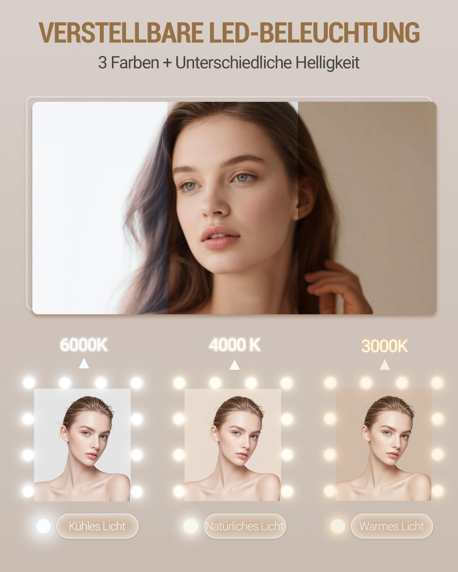 Hzuaneri 150 cm Große Schminktisch mit LED-Beleuchtung und Steckdosenleiste, Schminktisch mit Spiegel, Dreifarbiger Lichteinstellung, 10 Schubladen, Schmuckaufbewahrung, Weiß-Silber DT43703XEU