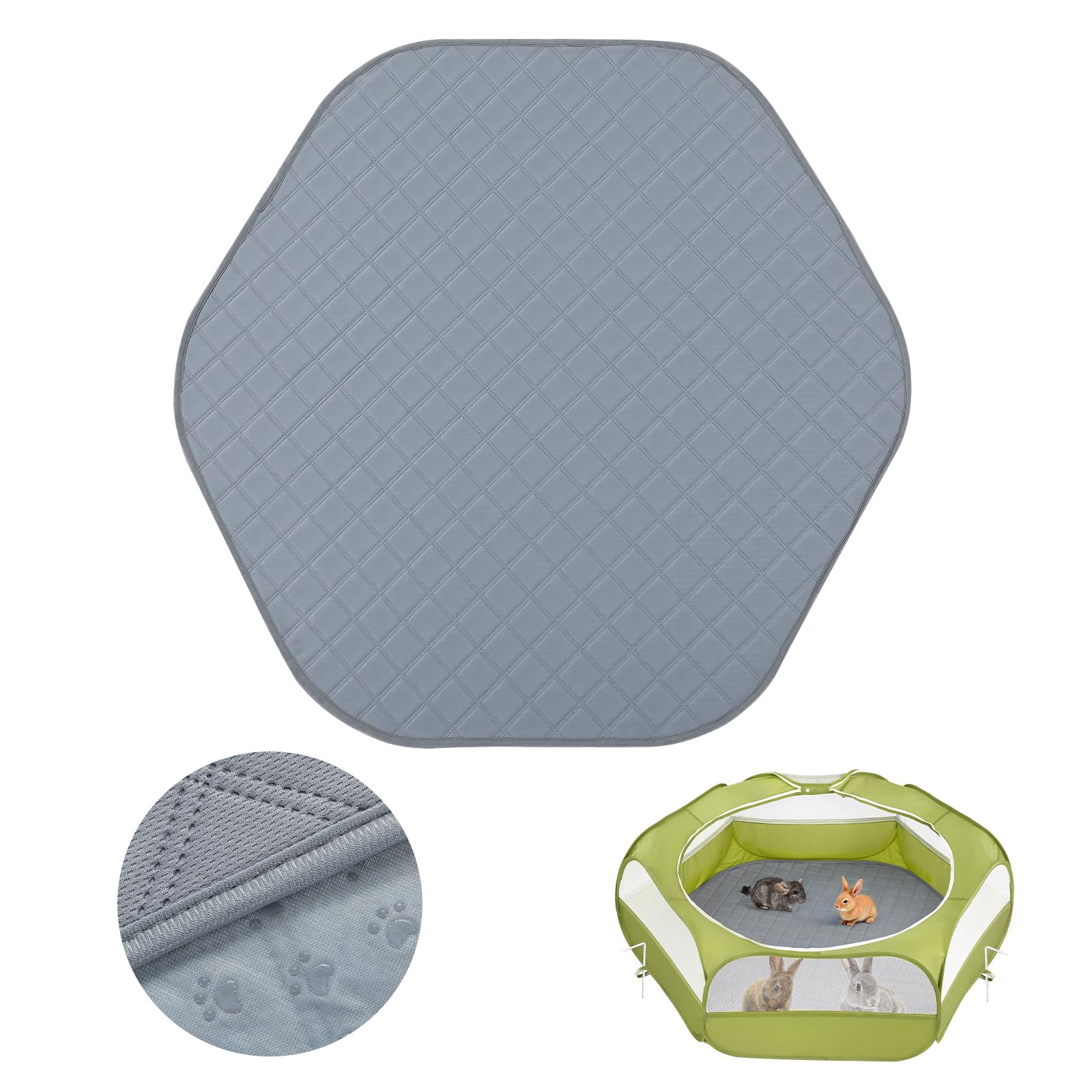 Pawaboo Pee Pad for Dogs and Cats, Hexagon Small Animals Cage Tent Pee Pad, Pet Absorbent Mat Reusable Dog Playpen Liner, Pet Fence Mat with Non-Slip Rubber Pads for Indoor/Outdoor, 44.5in, Gray