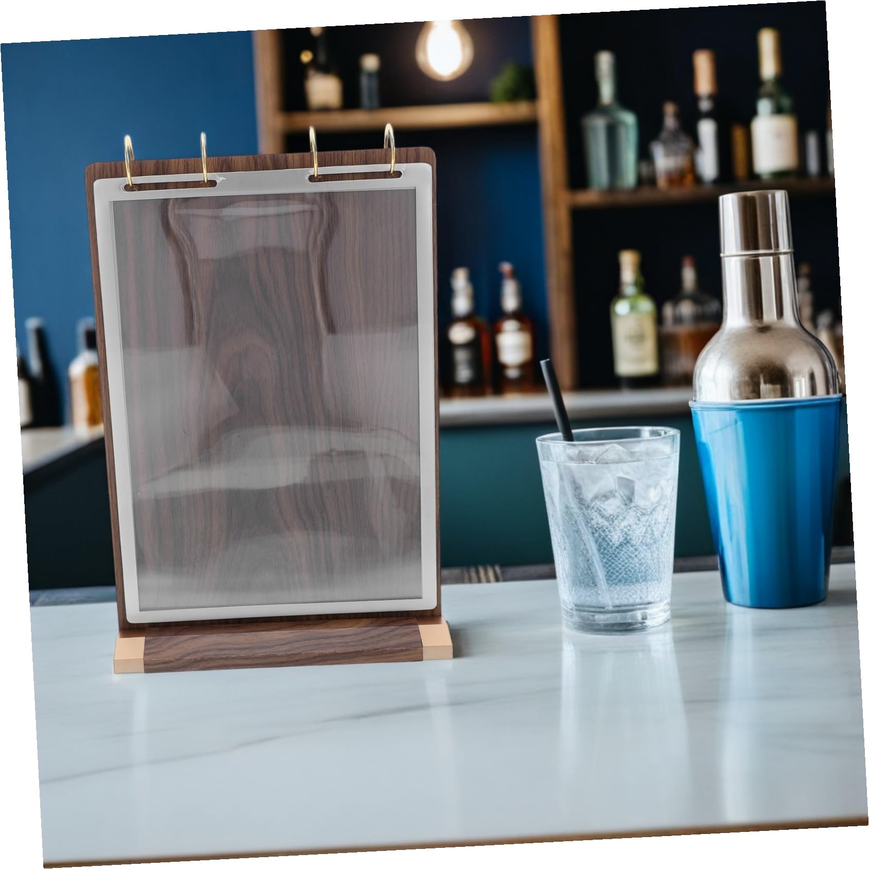 Soporte de Señalización de Escritorio de Nogal Soporte Estable con Base de Madera Exhibidor Giratorio de Páginas Caras Portamenús Doble Cara para Restaurante Cafetería y Bar