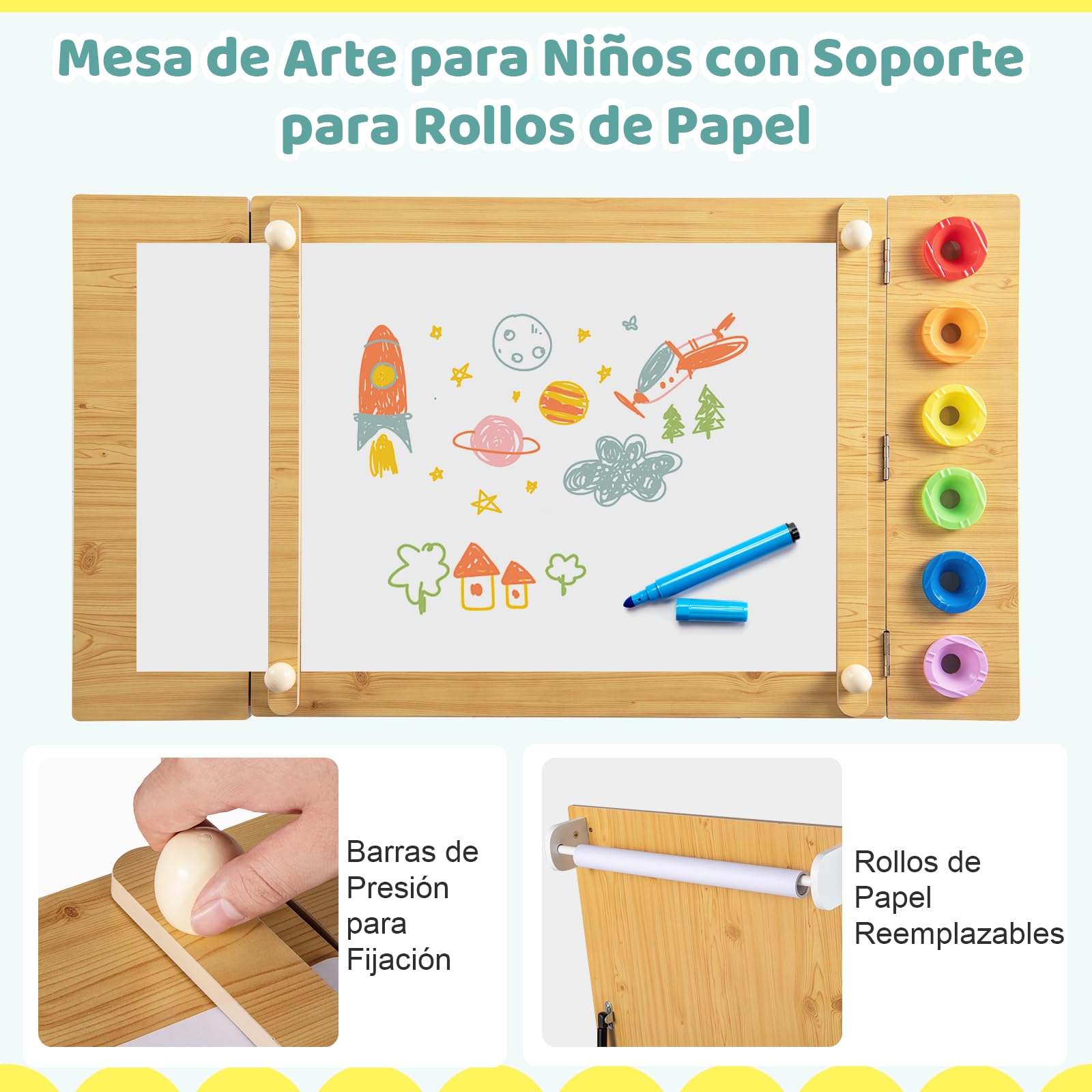 COSTWAY Juego de Mesa y 2 Silla de Arte para Niños, Escritorio de Juegos y Manualidades 2 en 1 para Niños con Mesa Elevable, Rollo de Papel, Vasos de Pintura y 6 Contenedores (Natural)
