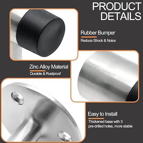 Miniatura 4 de Tope de suelo resistente de 3 pulgadas, tapón de puerta de aleación de zinc con parachoques de goma y tornillos de montaje (níquel cepillado, 2