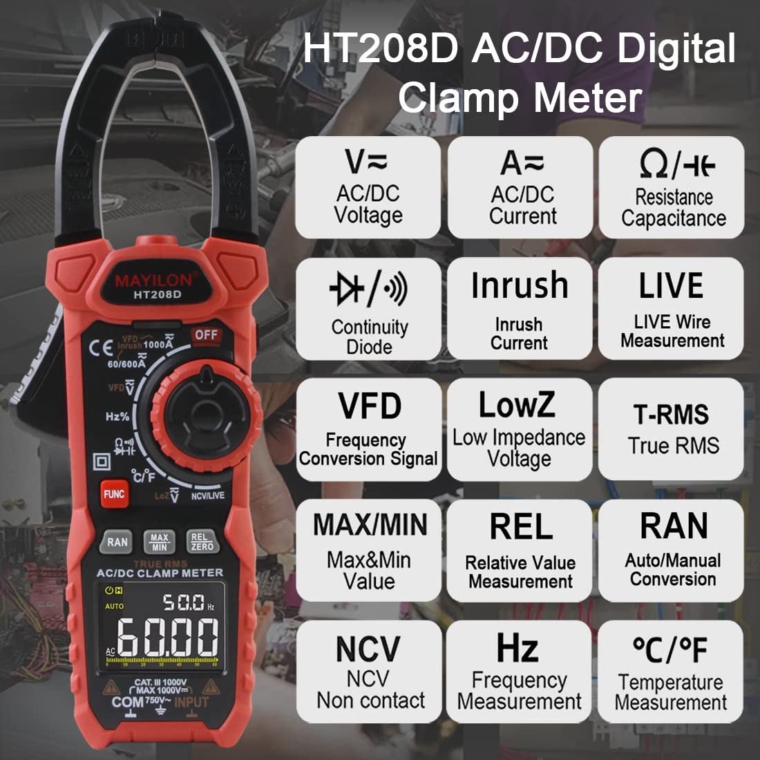HT208D Einschaltstrom Stromzange, True-RMS Multimeter mit VFD, NCV und RAN Funktion, Misst AC/DC Spannung und Strom, Temperatur, Kapazität, Widerstand, Dioden, Kontinuität, Relativer Wert, LowZ