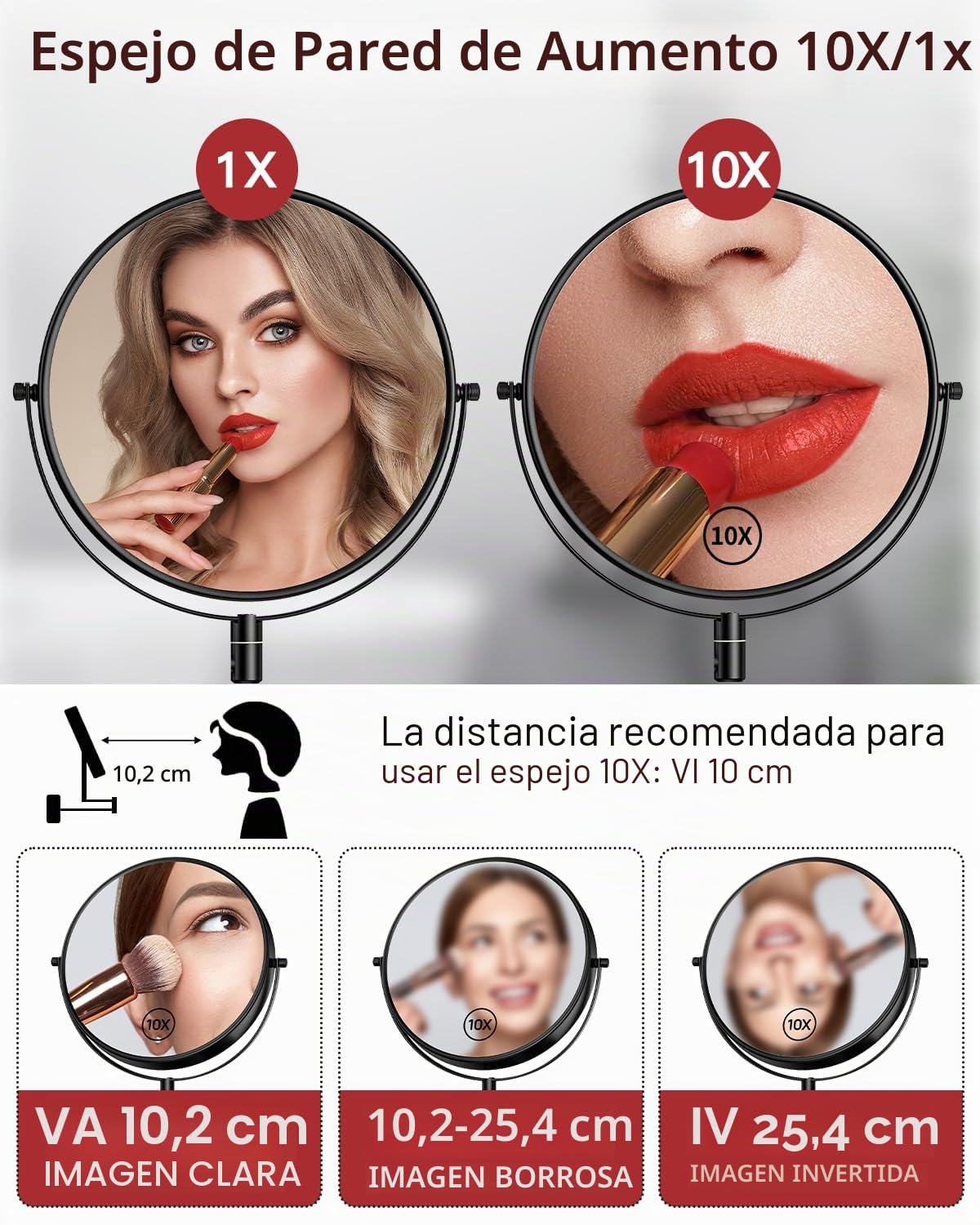 Gospire Espejo de Maquillaje de 9 Pulgadas, Aumento 1X/10X, Espejo Giratorio de Doble Cara, Espejo de Pared de baño Pulido Negro para Mujeres y Hombres