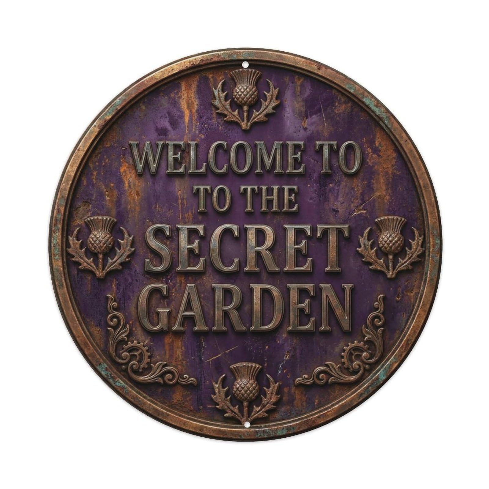 Vintage Welcome Secret Garden Iron Eggplant Corroded Metal Tin Sign