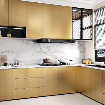 WESTICK Stainless Steel Gold Contact Paper Removable Metal Gold Wallpaper | Peel and Stick Brushed Golden Contact Paper Stainless Steel Vinyl Fridge Wrap for Appliances Cabinets Countertops 15.8x80
