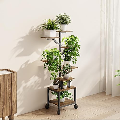 Miniatura 2 de Soporte para plantas de interior con luces de crecimiento, soporte para plantas de 7 niveles con ruedas, estante alto de metal y madera para plantas