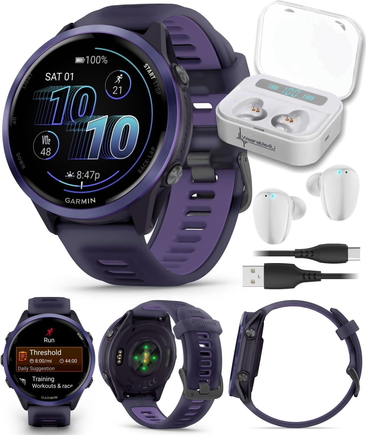 Garmin Forerunner 570 42mm Advanced GPS Running & Triathlon Smartwatch AMOLED Display Training & Recovery Cloud Blue Aluminum w/Translucent Whitestone/Cloud Blue Band w/Wearable4U White EarBuds Bundle