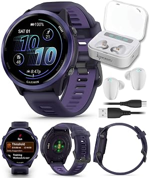Garmin Forerunner 570 47mm Advanced GPS Running & Triathlon Smartwatch AMOLED Display، التدريب والتعافي، ألومنيوم نيلي مع حزام أرجواني إمبراطوري شفاف/حزام نيلي مع حزمة سماعات أذن بيضاء قابلة للارتداء 4U