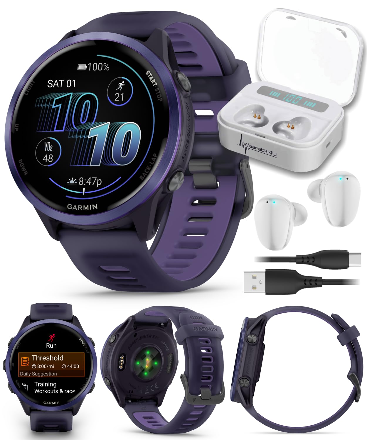 Garmin Forerunner 570 47mm Advanced GPS Running &amp; Triathlon Smartwatch AMOLED Display, Training &amp; Recovery, Indigo Aluminum w/Translucent Imperial Purple/Indigo Band w/ Wearable4U White EarBuds Bundle