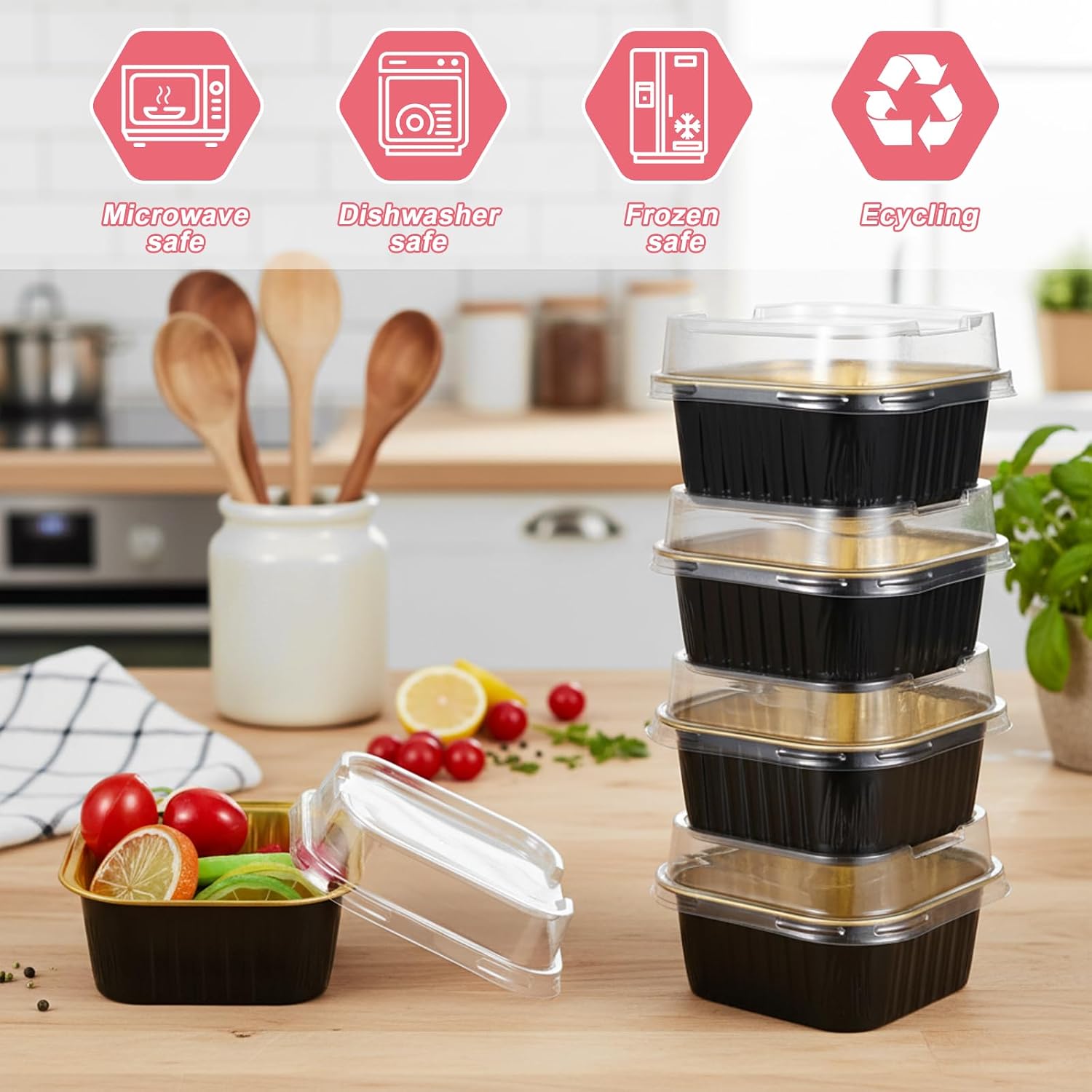 100 Pack Mini Cake Pans with Lids, 5oz Dessert Cups Aluminum Foil Mini Cupcake Cups, Square Disposable Muffin Baking Tins Dessert Containers for Christmas Wedding Birthday Winter Party
