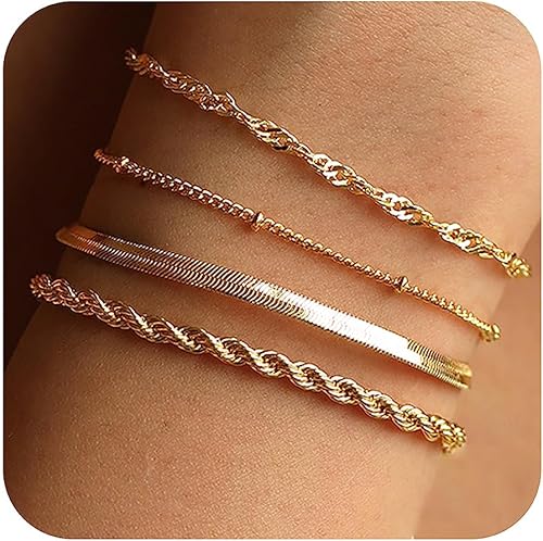 Gold Bracelets for Women, 14K Gold Layered Bracelets Set Dainty Herringbone Chain Paperclip Link Bracelets Gold Cuban Bracelets for Women