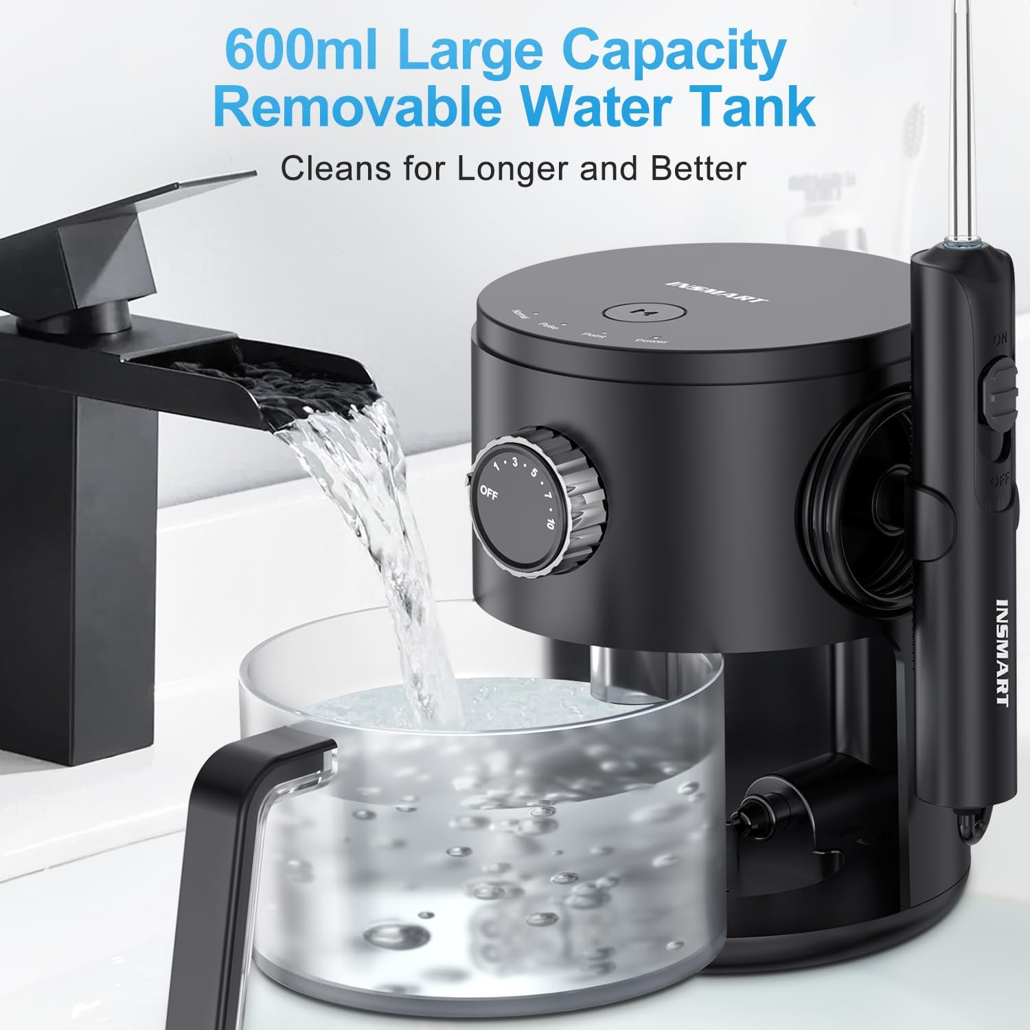 INSMART Idropulsore professionale per denti/gengive/parentesi, 10 livelli di pressione, 8 punte a getto d'acqua per la famiglia, 600 ml, irrigatore dentale elettrico per la pulizia dei denti