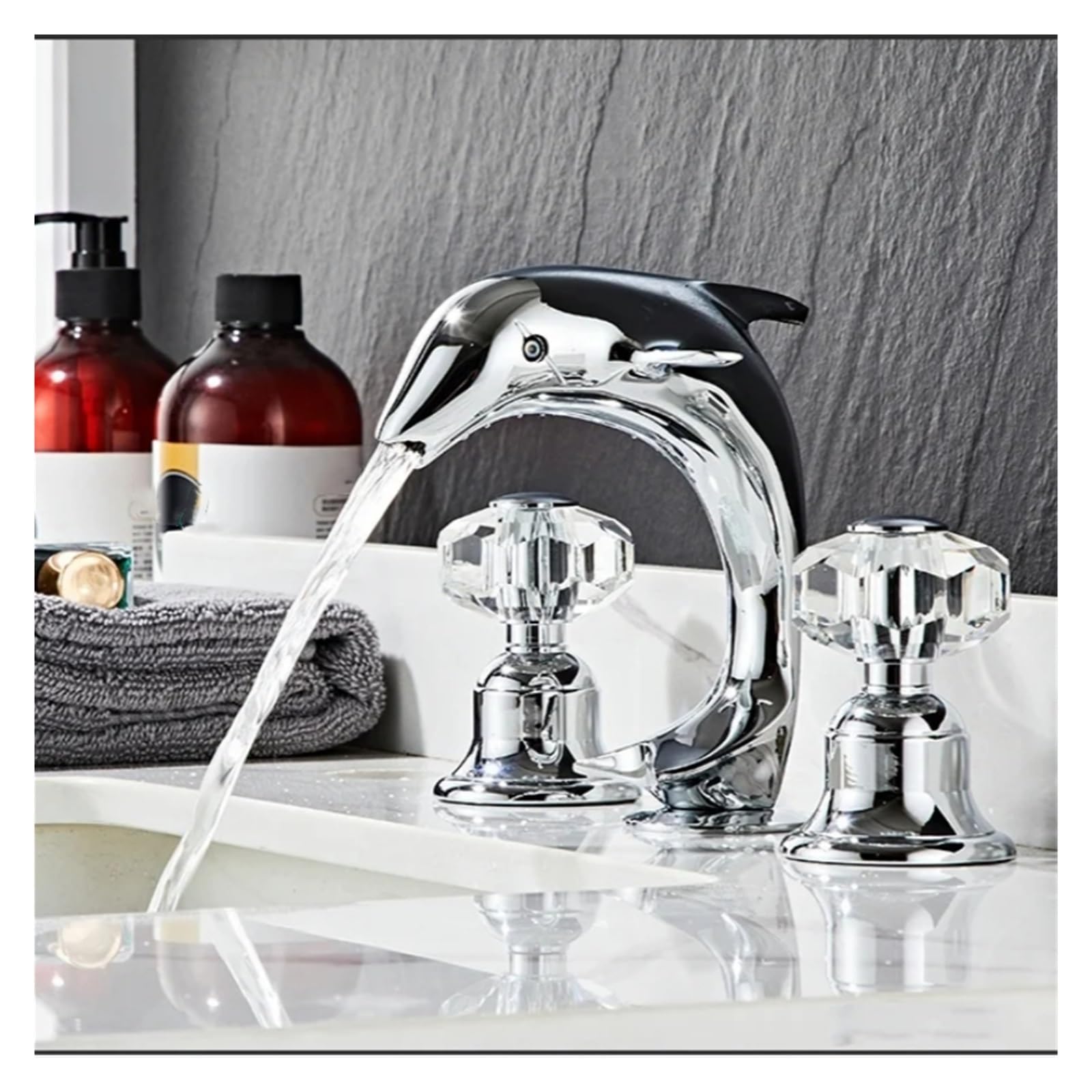 Robinet Lavabo Dauphin Or 24K Avec Cristaux - Cascade Eau - Laiton, Fabriqué En Italie
