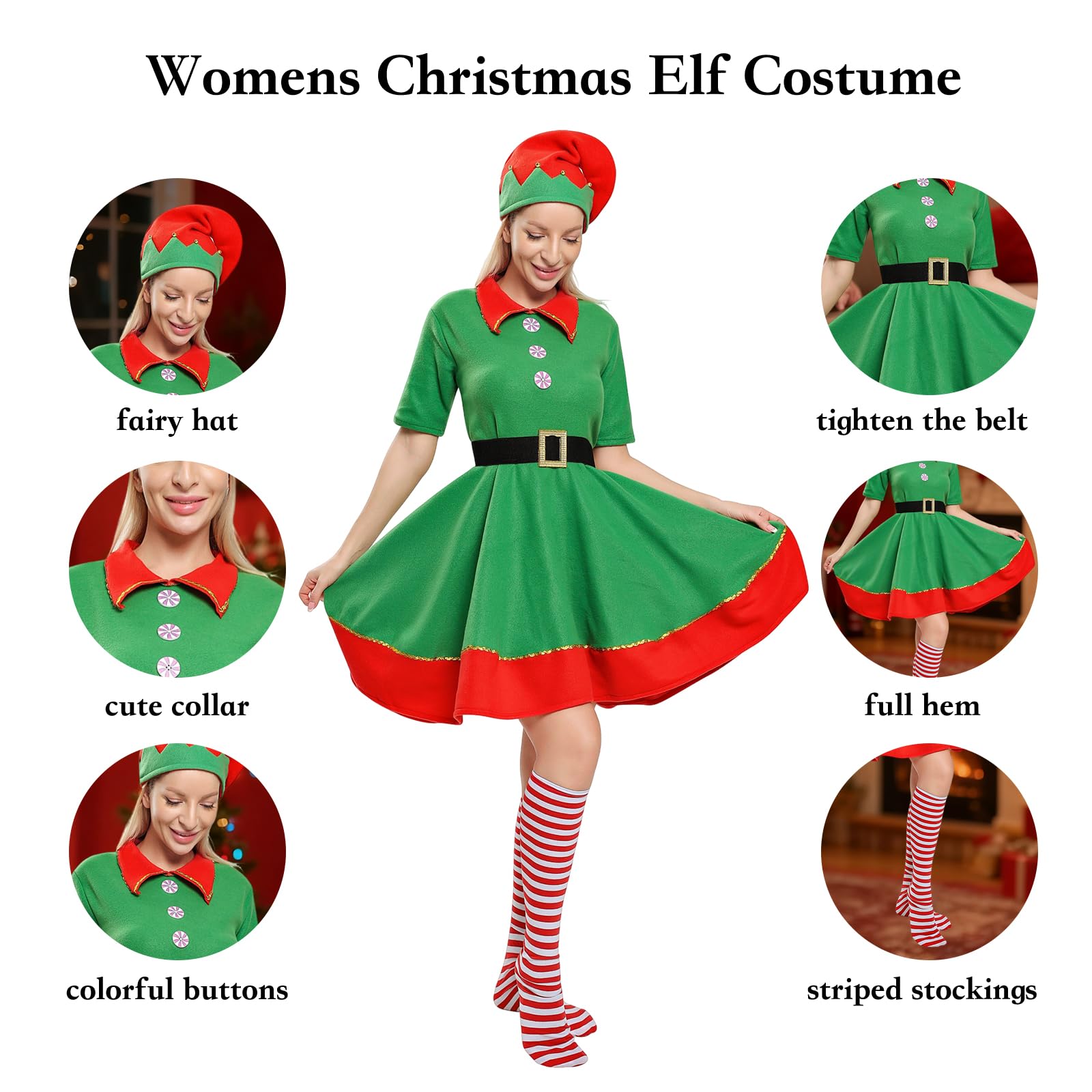 AudMsier Elfi Adulta Donna Costume, Festività Elfi Set Cappello Camicia Pantaloni, Natale Orgoglio Abito Gioco di Ruolo