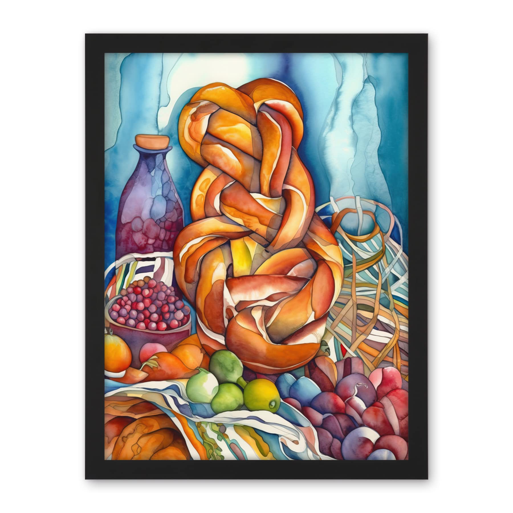 Artery8 Jewish Challah Bread And Fruit Folk Art Watercolour Painting Artwork Framed Wall Art Print 18X24 Inch