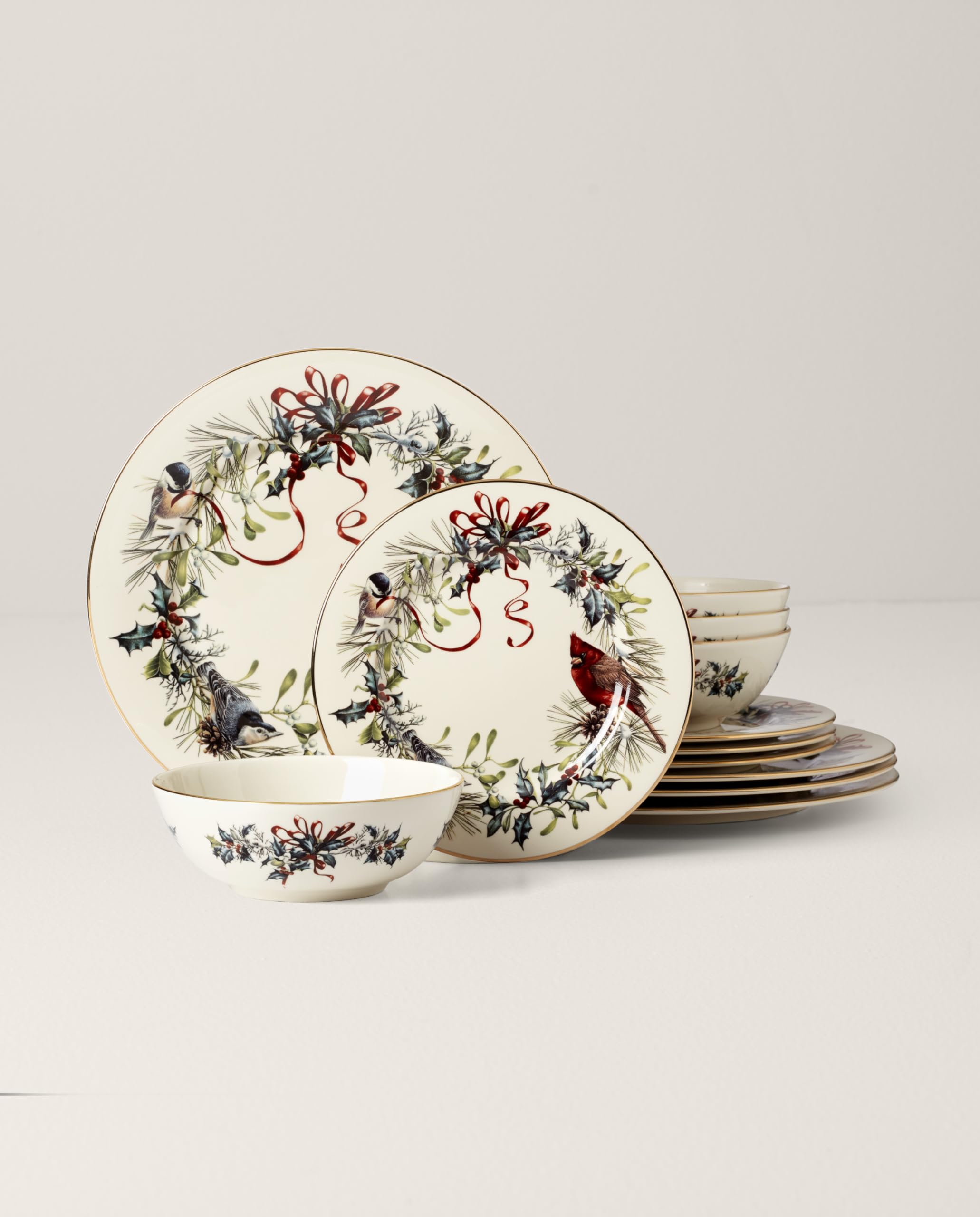 Lenox 894540 Winter Greetings 12 Piece Dinnerware Set Red Green
