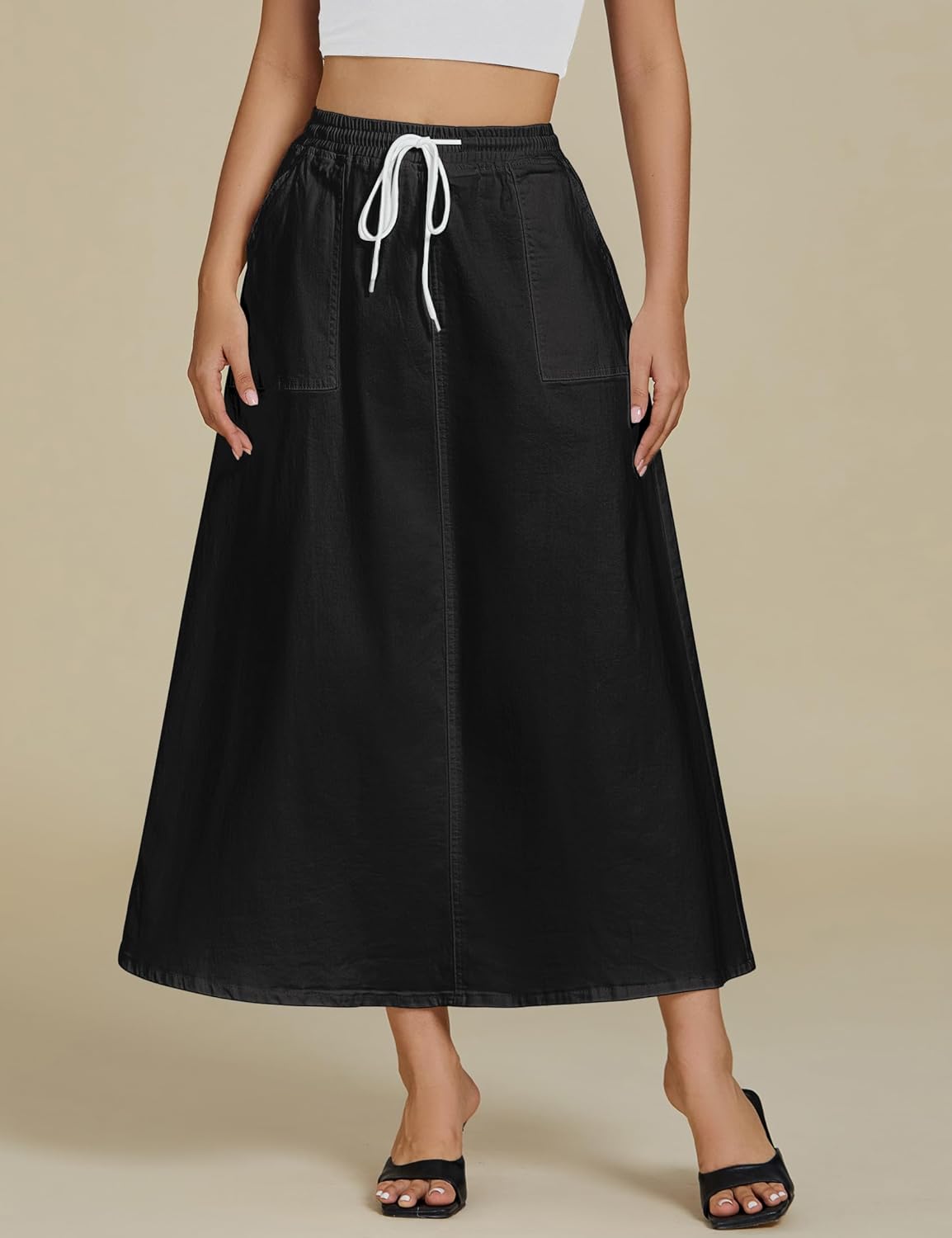 luvamia Denim Skirts for Women Trendy A Line Long Maxi Pull On Elastic Waist Drawstring Stretchy Jean Skirt with Pockets - Image 4