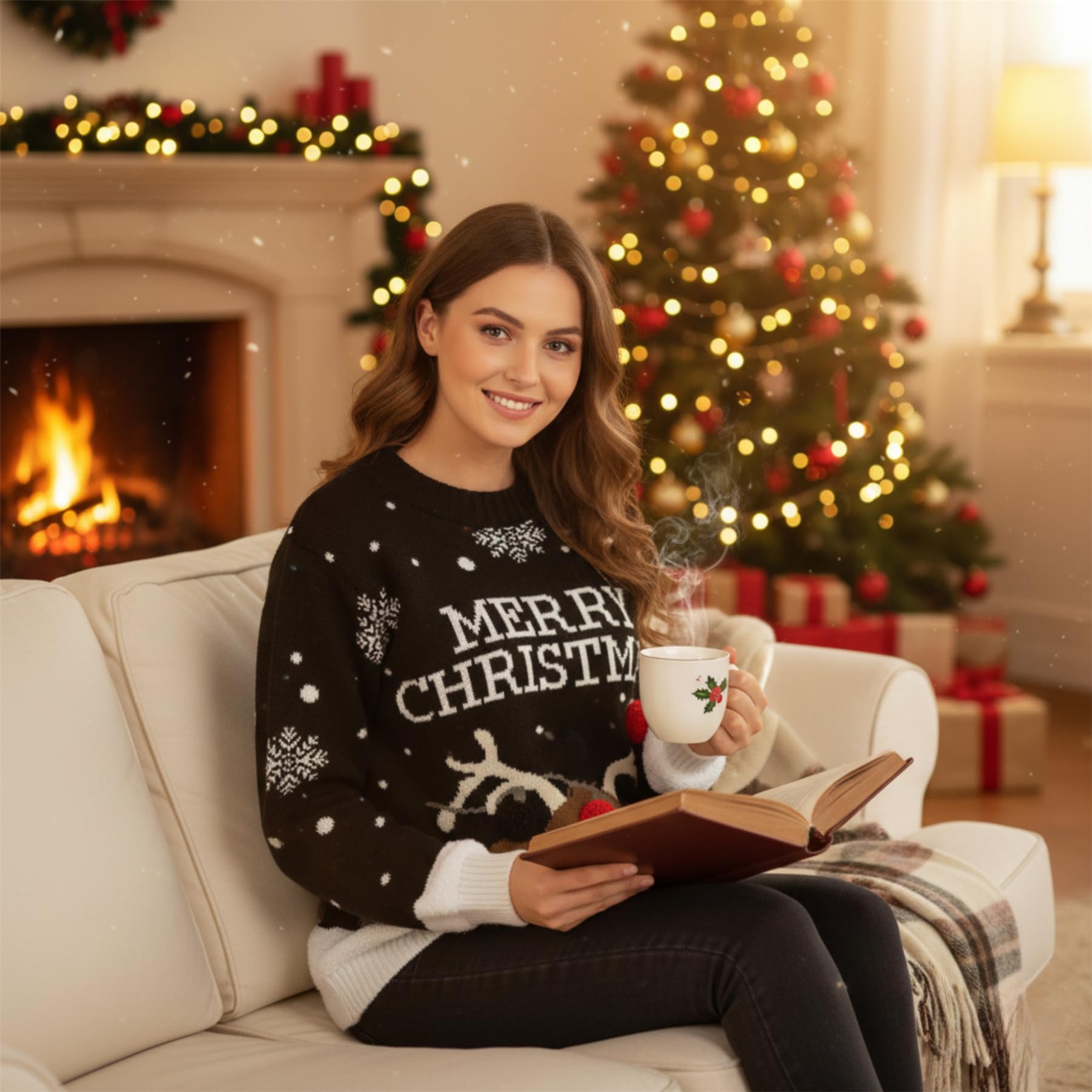Janisramone Mujer Señoras Nuevo Unisexo Navidad 3D Pom Pom De Punto Novedad Navidad Retro Saltador Suéter Cima
