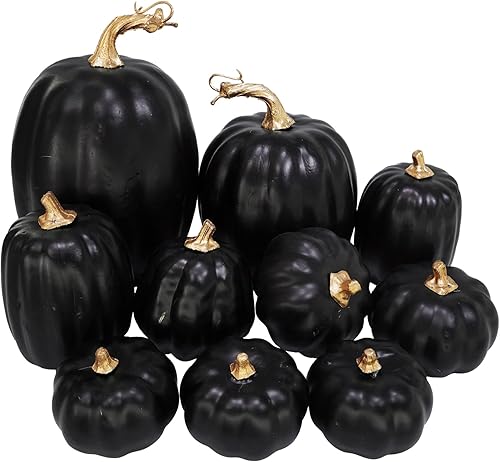 Winlyn 10 calabazas artificiales negras surtidas, calabazas decorativas de Halloween, calabazas de espuma negras para otoño, Halloween, Acción de