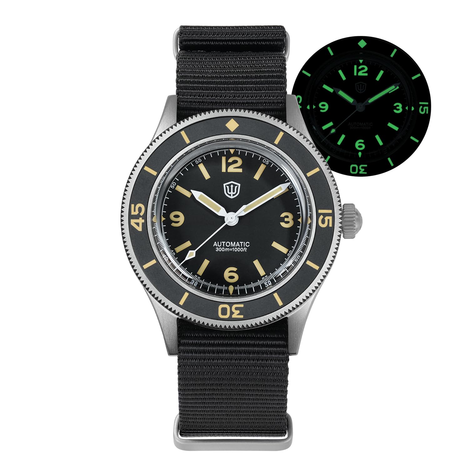 watchdives Montre de plongée automatique vintage WD50 Fathoms NH35 NH38 - Verre incurvé de 40 mm - Étanche à 300 m - Cadran noir avec bracelet en nylon