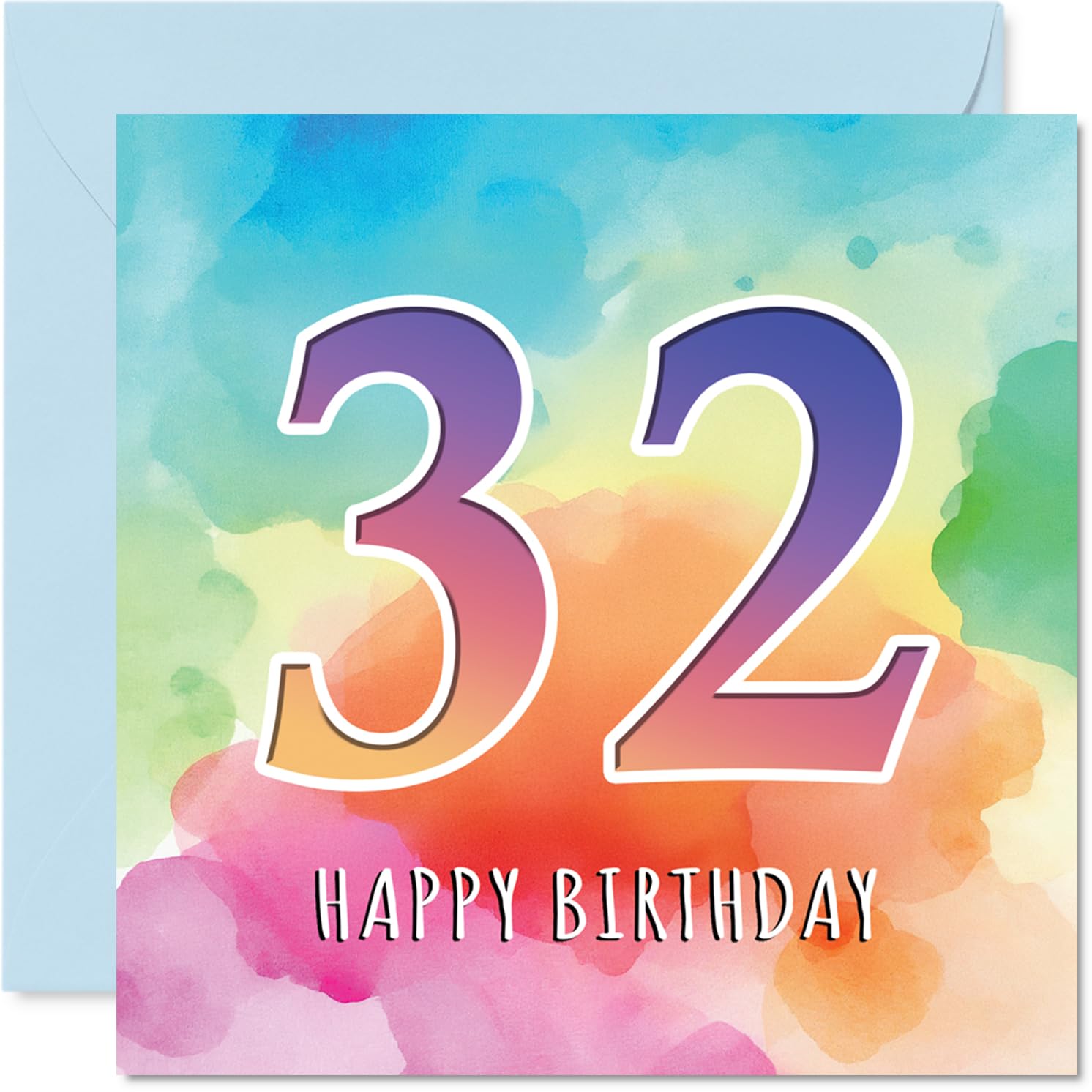 32nd Birthday Cards for Women and Men, Colourful Watercolour Age