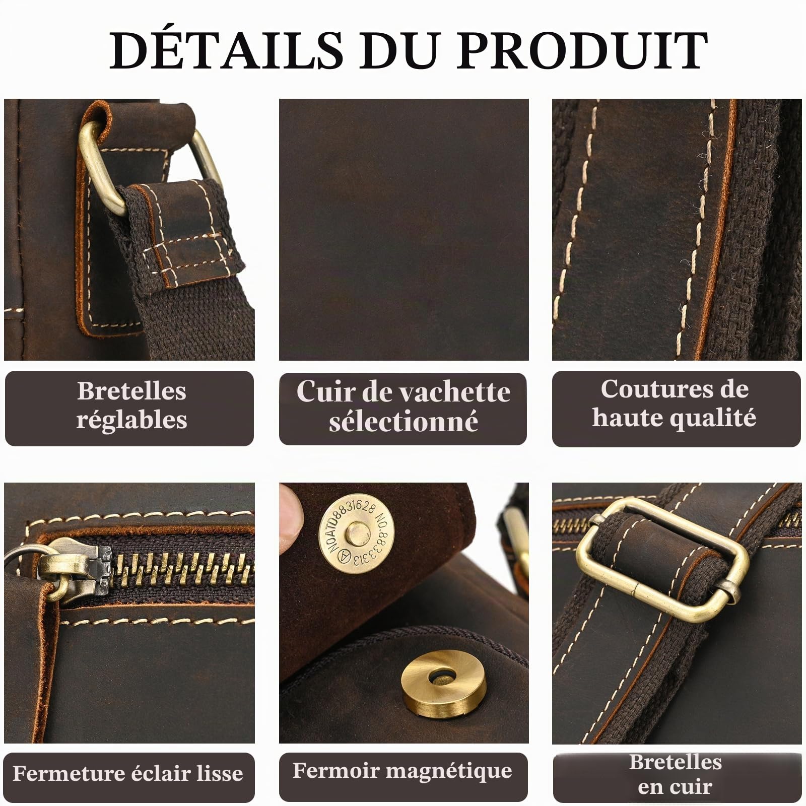 Sac Croisé pour Hommes Cuir Véritable Sacoche Bandoulière Vintage Petit Sac pour iPad 9,7 Pouces Business Sacs à Bandoulière