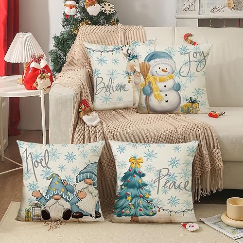 Miniatura 5 de Juego de 4 fundas de almohada de Navidad de 18 x 18 pulgadas, fundas decorativas de invierno, para sofá, decoración de casa rural (árbol de Navidad,