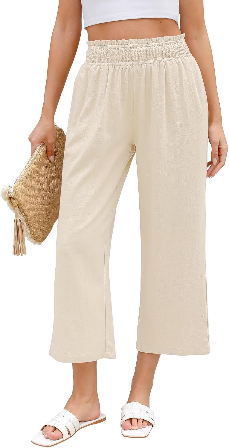 LookbookStore Linen Pants Women Capri Wide Leg High Wasited Pull On Elasitc Waist Summer Beach Palazzo Capris Pants