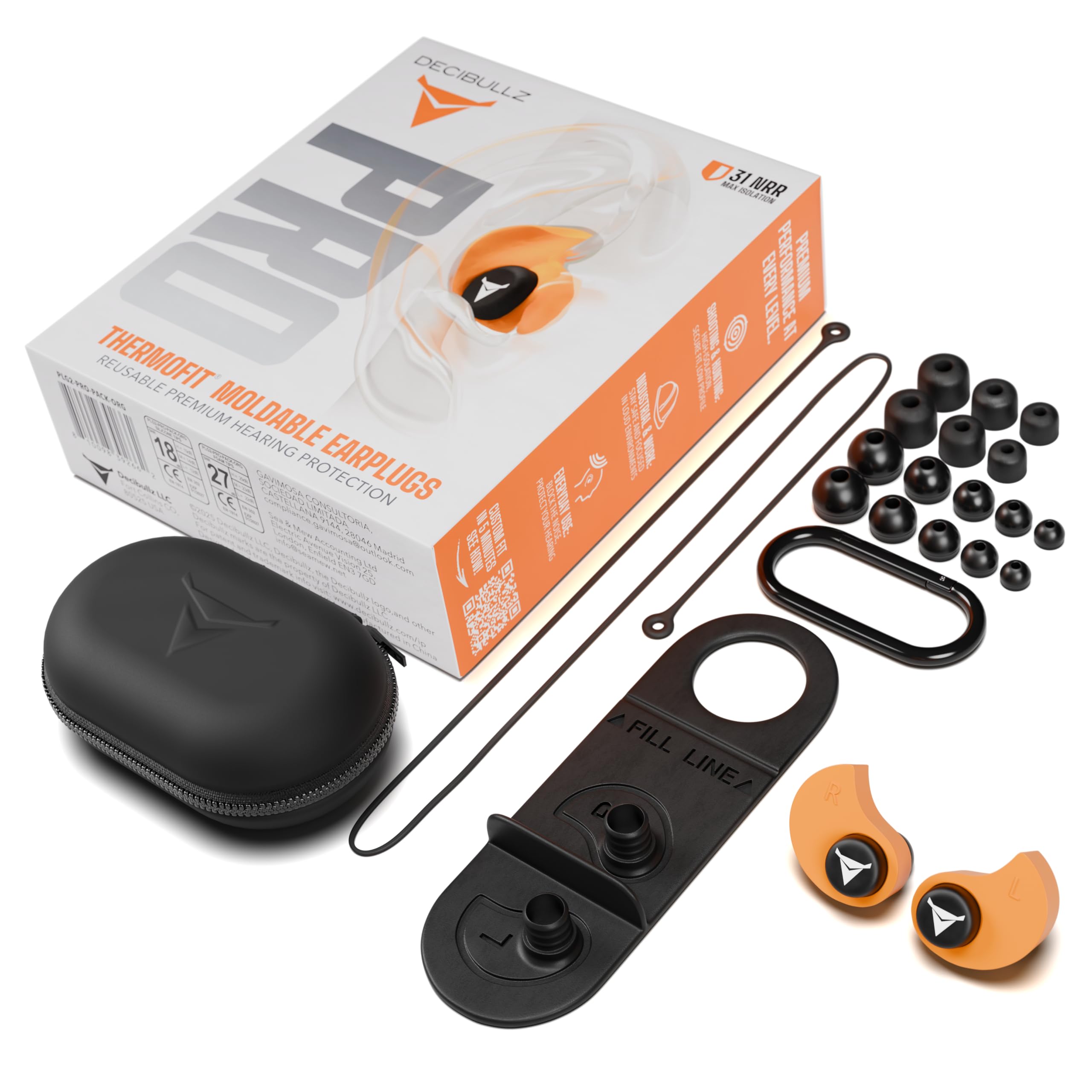 Decibullz Bouchons d'oreille Pro 31 dB NRR réutilisables avec outil de moulage, étui de transport et cordon. Protection auditive pour le tir, les chantiers, les voyages, les sports automobiles et une