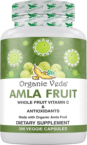 Organic Veda Amla Cápsulas – 1500 mg, 300 cápsulas orgánicas de fruta entera Amla en polvo – Vitamina C natural para inmunidad, brillo de la piel,