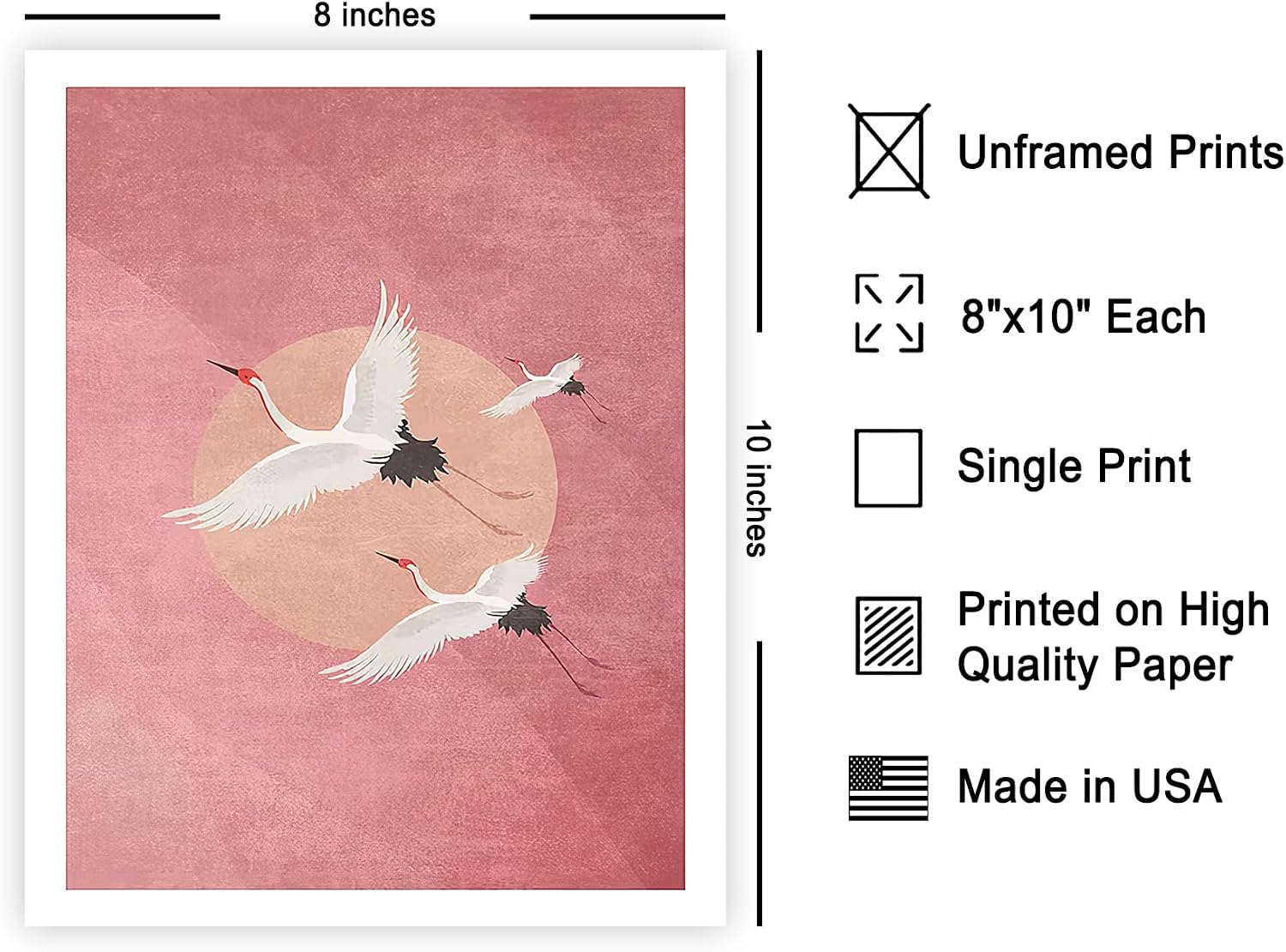 Poster Master Animal Poster - Minimalist Print - Flying Cranes, Birds, Pink Background, Peach Circle, Aesthetic - 8x10 UNFRAMED Wall Art - Gift for Artist, Friend - Wall Decor for Home, Office, Dorm
