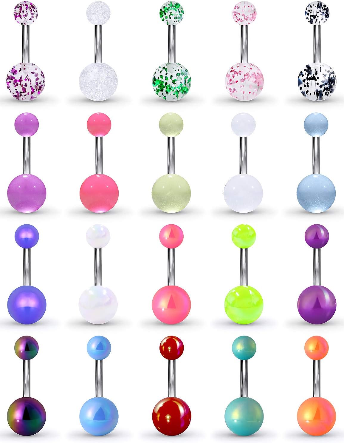 Ftovosyo Glow in The Dark Belly Button Rings Surgical Steel Belly Rings for Women Navel Bars Curved Barbell Body Piercing Jewelry 14 Gauge 20 Pieces