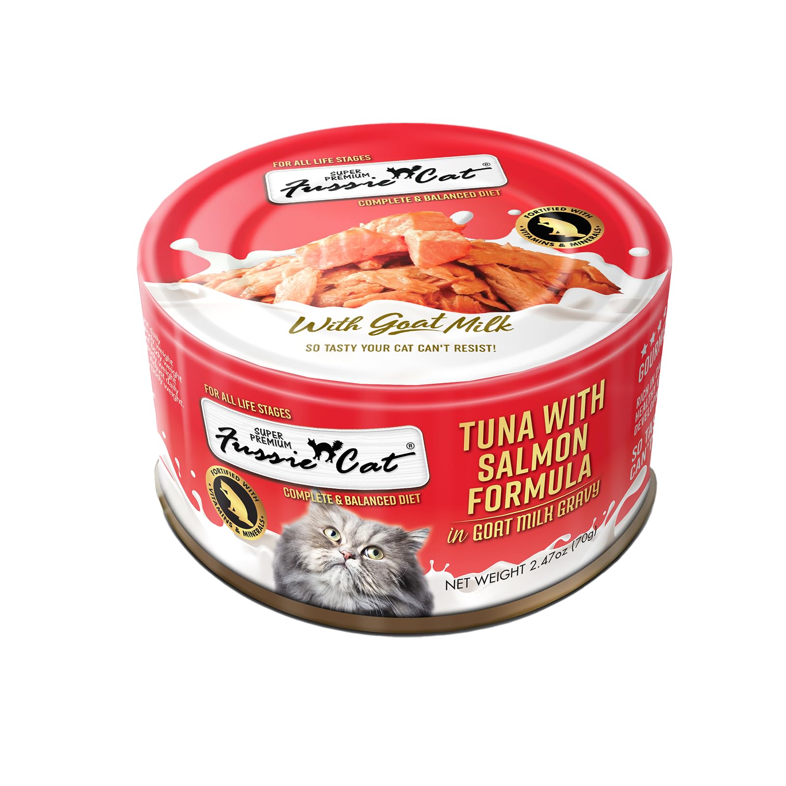 Fussie Cat Super Premium Canned Wet Cat Food in Goat Milk Gravy -2.47 oz Cans - Case of 24 Cans with Can Lid (Tuna & Salmon)