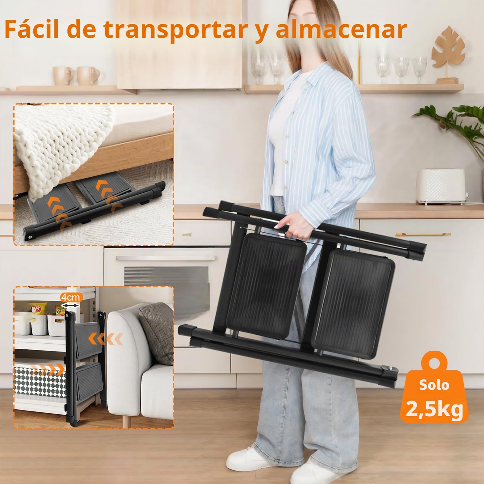 Escalera Plegable 2 Peldaños, Escalera Portátil con Pedales Anchos y Patas Antideslizantes, Escadote Ligera Pequeña para Hogar, Cocina, Interiores, Exteriores, Negro