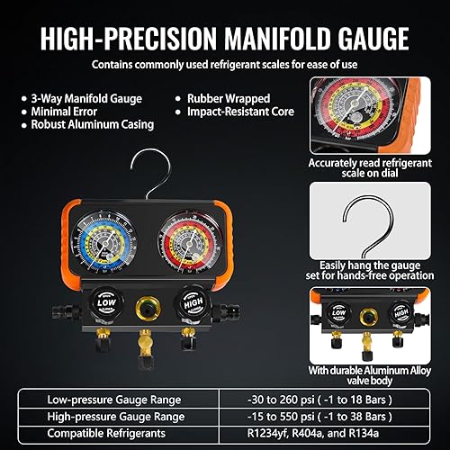 Miniatura 6 de R1234yf Juego de bomba de vacío y medidor de CA, kit de manómetro de bomba de vacío de 4.5CFM para HVAC automático compatible con R1234yf, R404a,