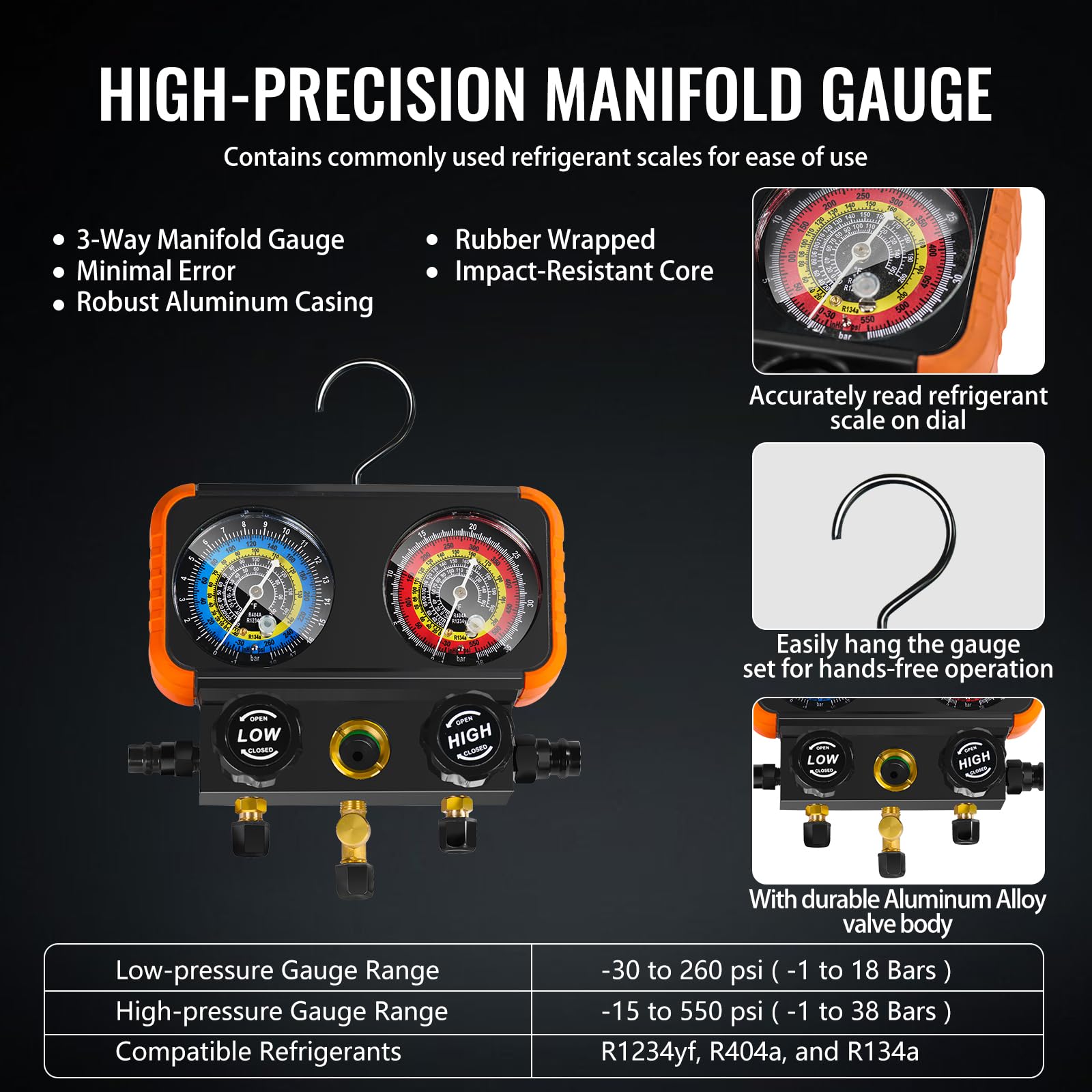 VTG VOGTEN R1234yf - Juego de bomba de vacío de CA y manómetro, kit de manómetro de bomba de vacío de 4.5 CFM para HVAC automático, compatible con R1234yf, R404a, R134a, incluye detector de fugas
