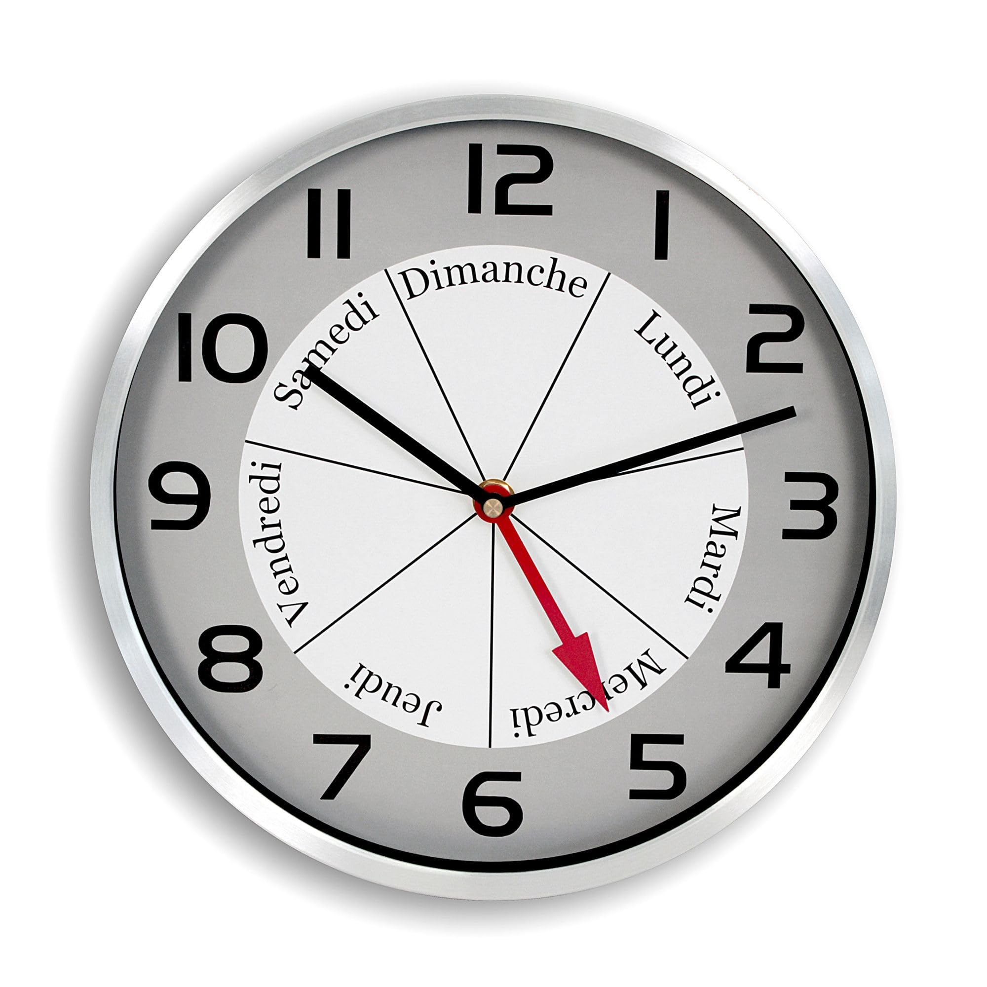 Horloge murale jour en français au cadre en aluminium brossé