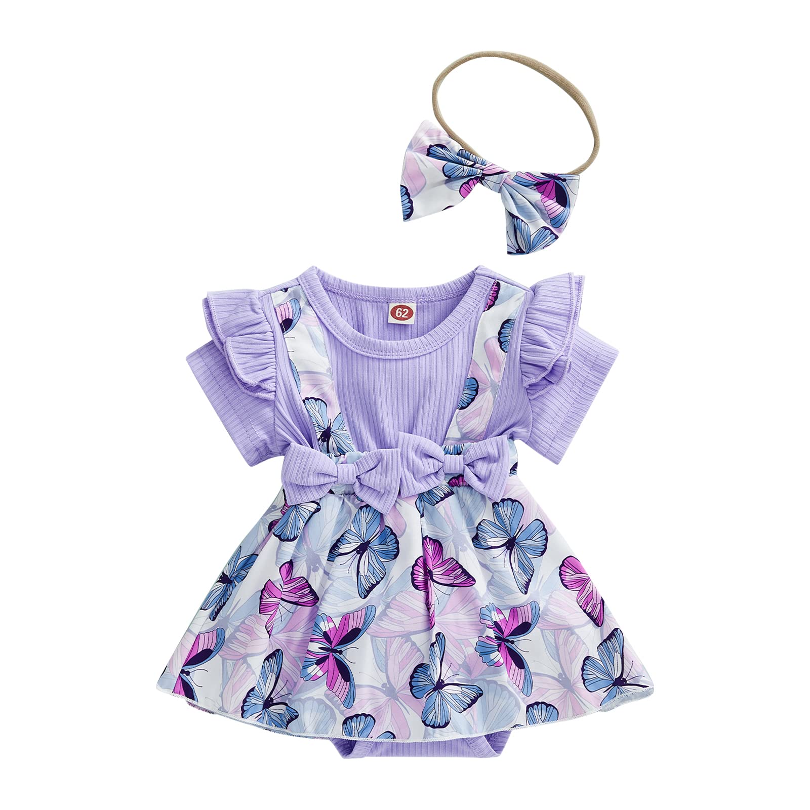 Xiaodriceee Newborn Baby Girl Summer Clothes Short Sleeve Butterfly Print Ribbed Suspender Romper Dress Headband 2Pcs Set (6-9 Months,Purple)