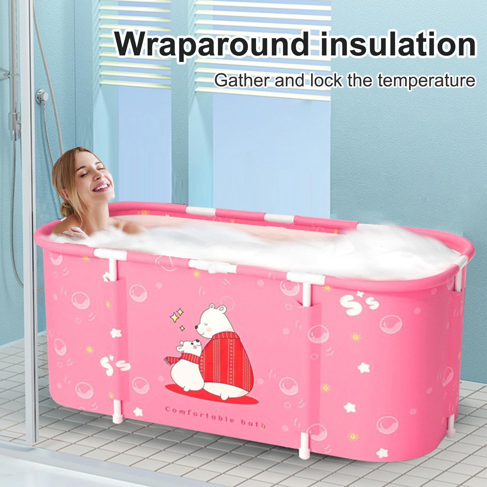 Baignoire Adulte Pliable 115x60x50cm, Baignoire Écologique et Portable, Installation Facile, Idéal pour Spa à Domicile et Douche (Rose)