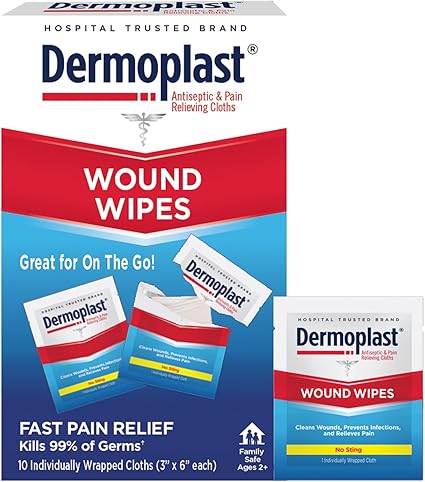 Dermoplast Wound Wipes, Medicated Antiseptic Wipes, First Aid Cloths, Analgesic for Minor Cuts, Scrapes and Burns on The Go, Sting Free Formula, 10 Individual Cloths (Packaging May Vary)
