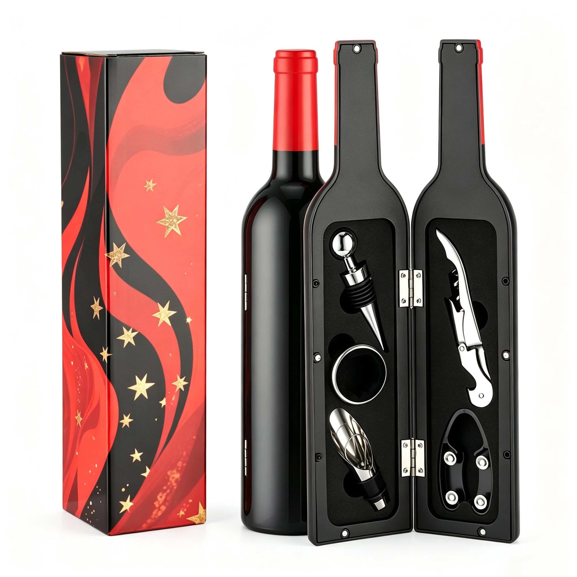 KINGROW Wine Accessories Gift Set Red with 5 Tools in Bottle Case