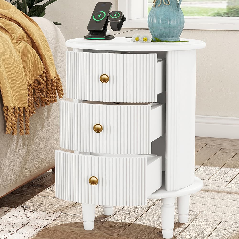 Mirightone Round End Table with Charging Station, Wood Side Table with Storage for Small Spaces, White Nightstand with 3 Drawers, Couch Side Cabinet