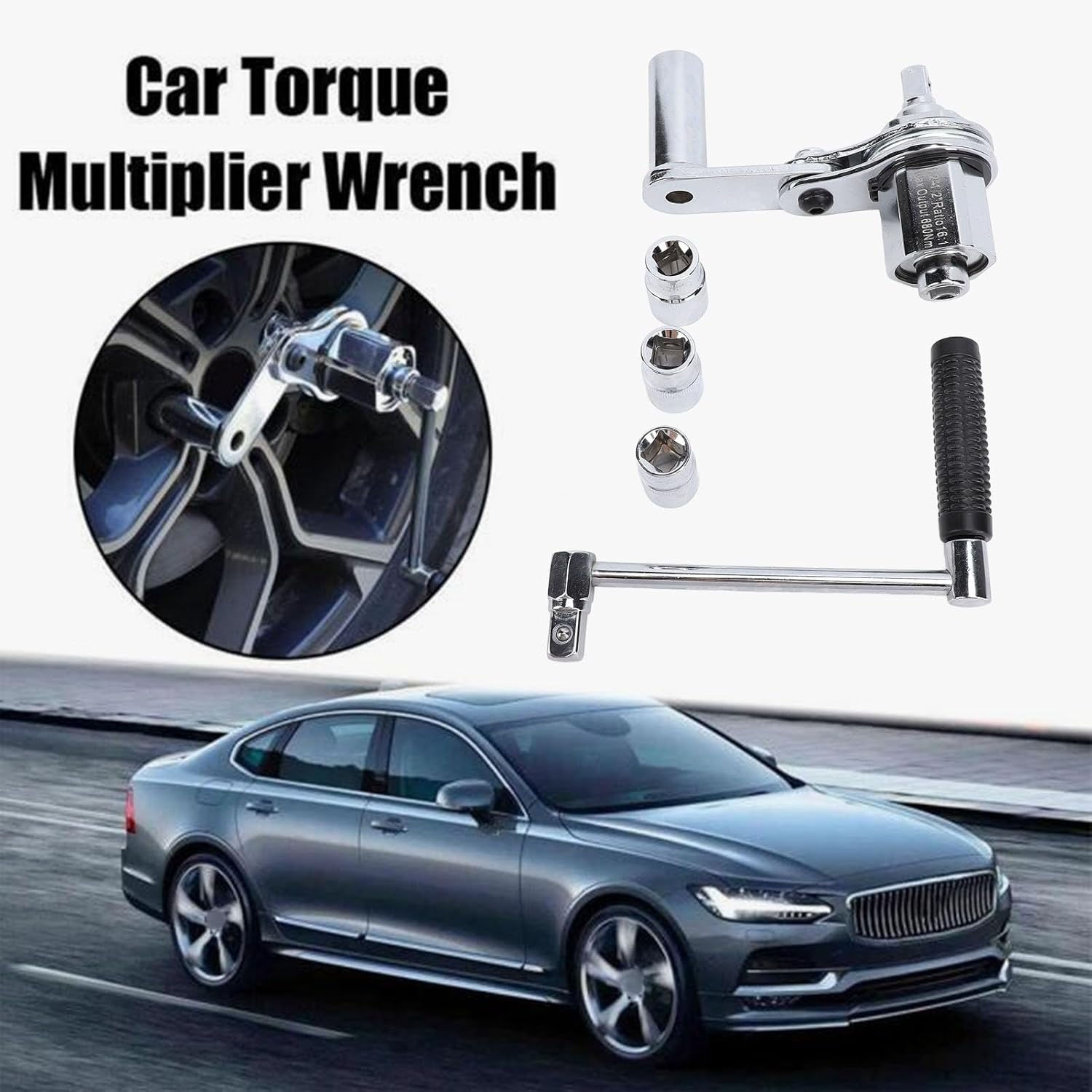 Luocute 1/2in Multiplier Wrench, Heavy Duty Labor Saving Lug Nut Remover with 17mm 19mm 21mm Sockets, for Loosening Car Tire Nuts