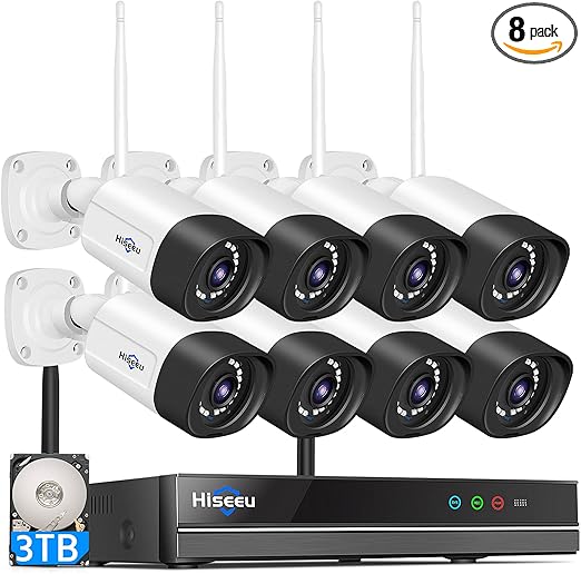 Hiseeu Wireless Security Camera System Outdoor, 5MP WiFi Camera for Home, 16CH WiFi-Pro 8 Cam-Kit, 2-Way Audio, Color Night Vision, IP66 Waterproof, 3TB Storage, 24/7 Recording, No Monthly Fees