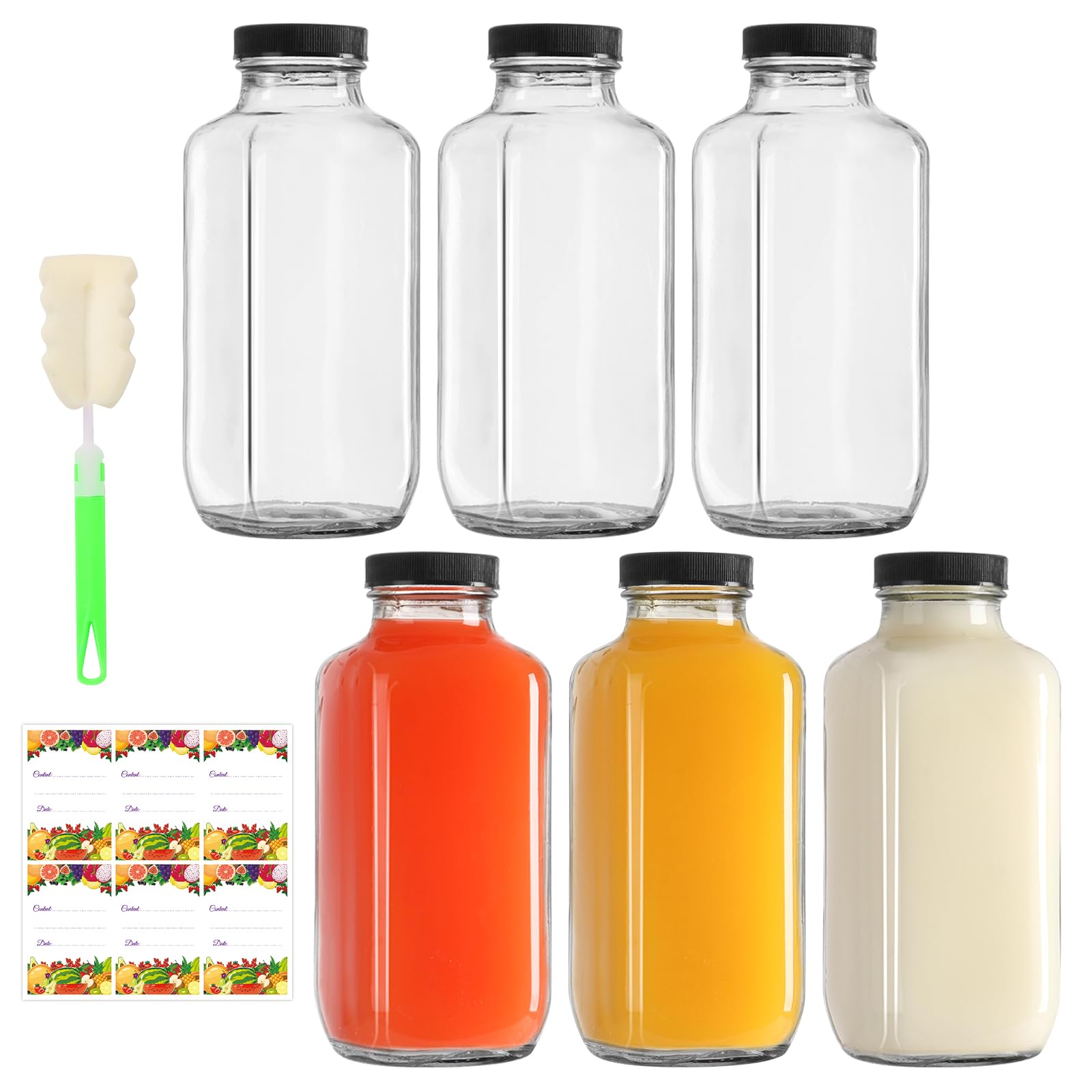 EkkoVla 500ml Glass Juice Bottles with Lids 6-Pack