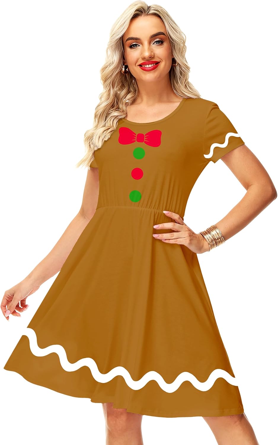 Deerose Christmas Short Sleeve Dresses Women Xmas Elastic Waist Midi Dresses Casual Tunic Dress - Image 4