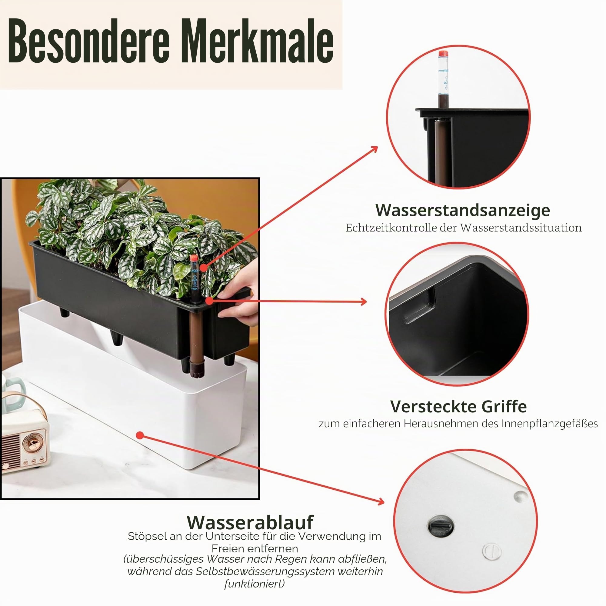 LaLaGreen Pflanzkasten für Zimmerpflanzen (40,6 cm, 2 Stück), weiß, rechteckig, selbstbewässernder Blumentopf, große Fensterkästen, Pflanzgefäße mit Drainage, dekorativ, modern, Balkon, Fensterbank