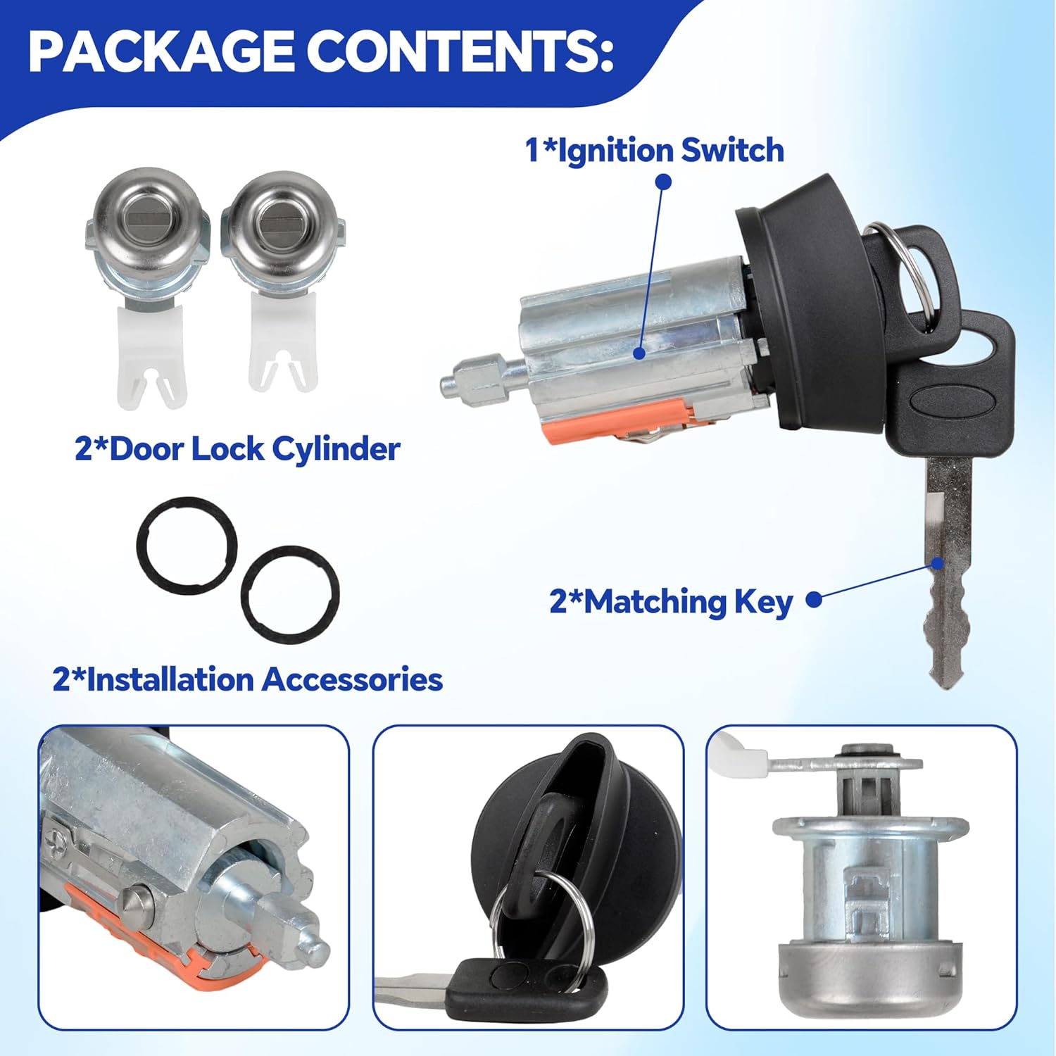 Ignition Switch Lock Cylinder & 2 Pcs Door Lock Cylinder w/ 2 Keys Compatible with F150/F250/F350/Excursion/Expedition/Freestar/Windstar/Blackwood/Navigator Replace LC6177 DL5885 597638