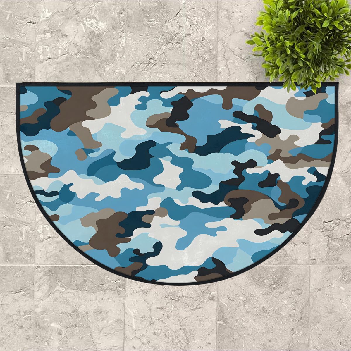 Mexpekil Paillasson demi-lune pour intérieur et extérieur - Motif camouflage - Lavable - Absorbant - Demi cercle - Gris et bleu - 100 x 160 cm